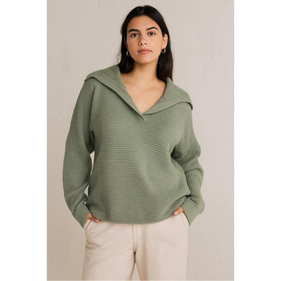 Marled Reunited Clothing Women's Size L Chunky Knit Green Sweater Collared VNeck - Picture 1 of 9